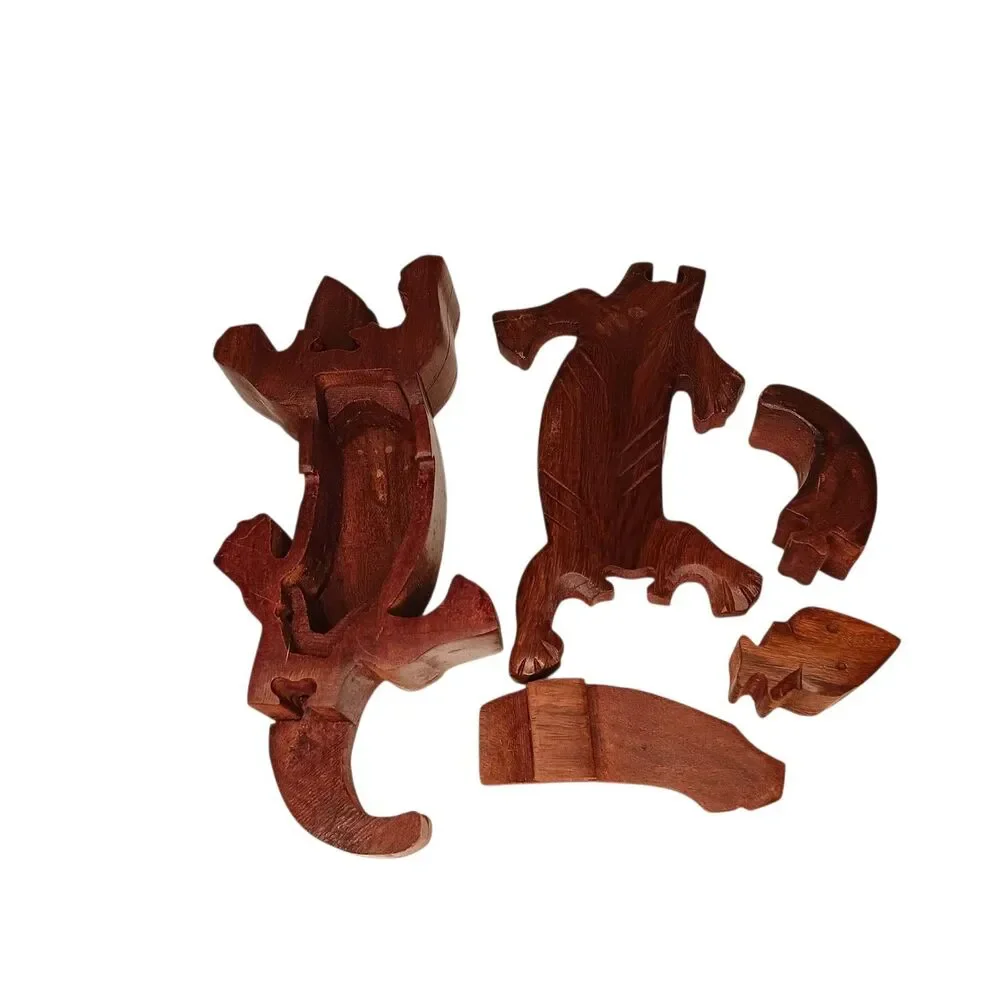 Vintage Wood Lizard Puzzle Box Secret Compartment Gecko 8.5